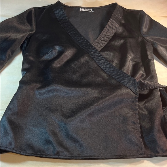Yessica Black Satin like V-Neck Blouse side tie Y2K - Picture 1 of 6